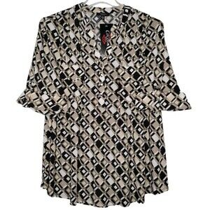 NWT Cocomo Plus Size 2X Black & Beige Multi Geo Print Pintuck Sleeve Top
